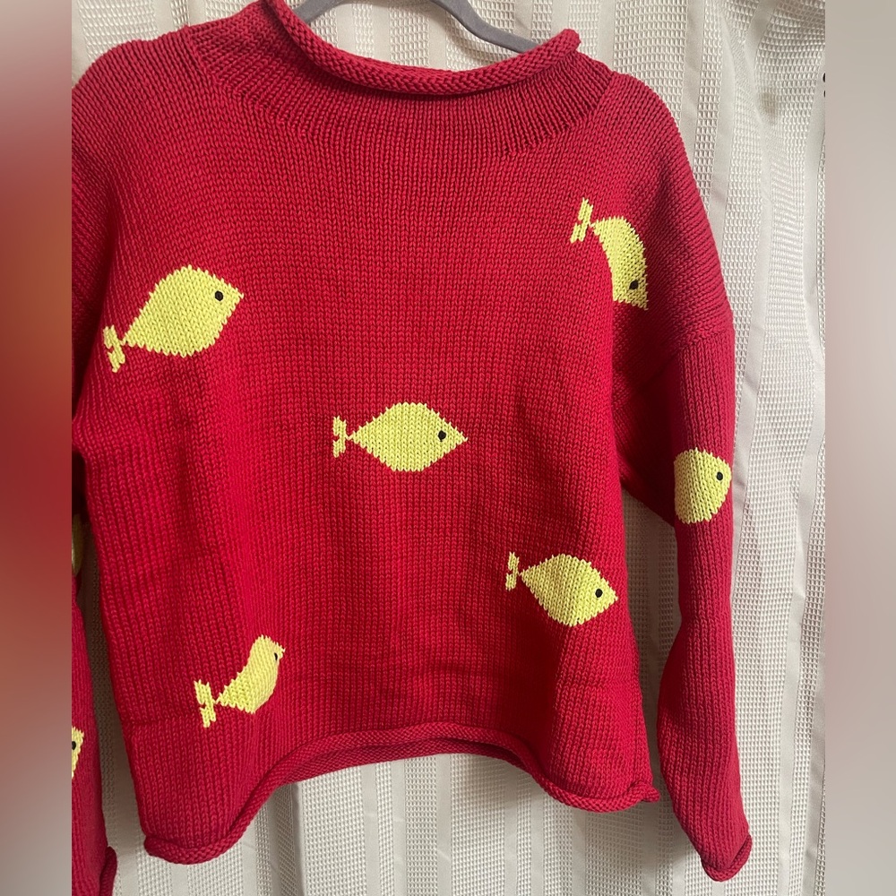 Boutique Rollneck sweater - boxy fit, Red & Yellow knit Fish Design -S, M and L